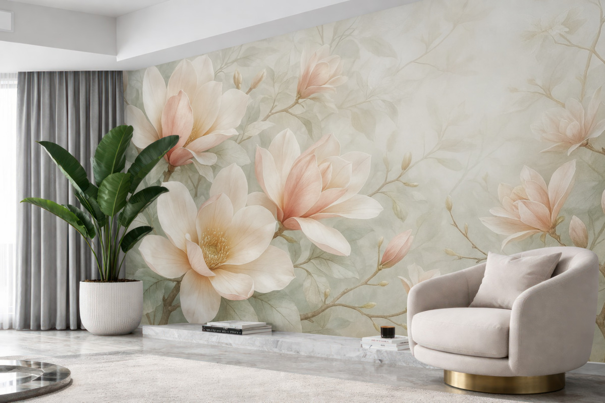 Fototapeta Subtelne różowe kwiaty magnolii rozwijają się na delikatnym, rozmytym tle szarego kwiatu.