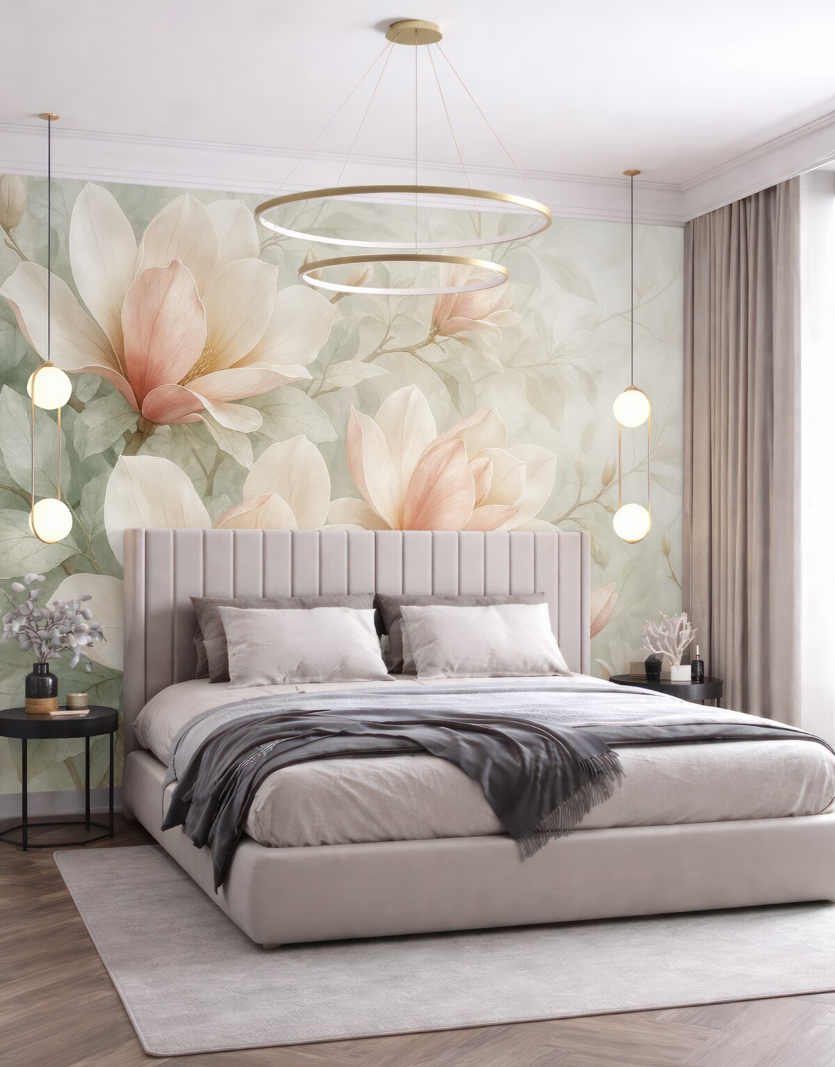 Fototapeta Subtelne różowe kwiaty magnolii rozwijają się na delikatnym, rozmytym tle szarego kwiatu.