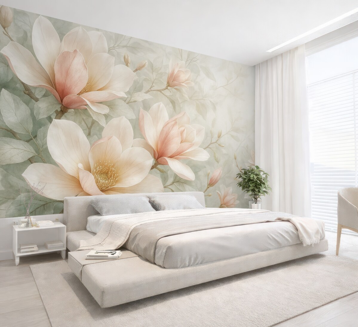 Fototapeta Subtelne różowe kwiaty magnolii rozwijają się na delikatnym, rozmytym tle szarego kwiatu.