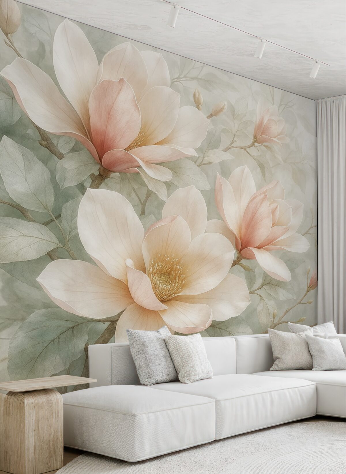 Fototapeta Subtelne różowe kwiaty magnolii rozwijają się na delikatnym, rozmytym tle szarego kwiatu.