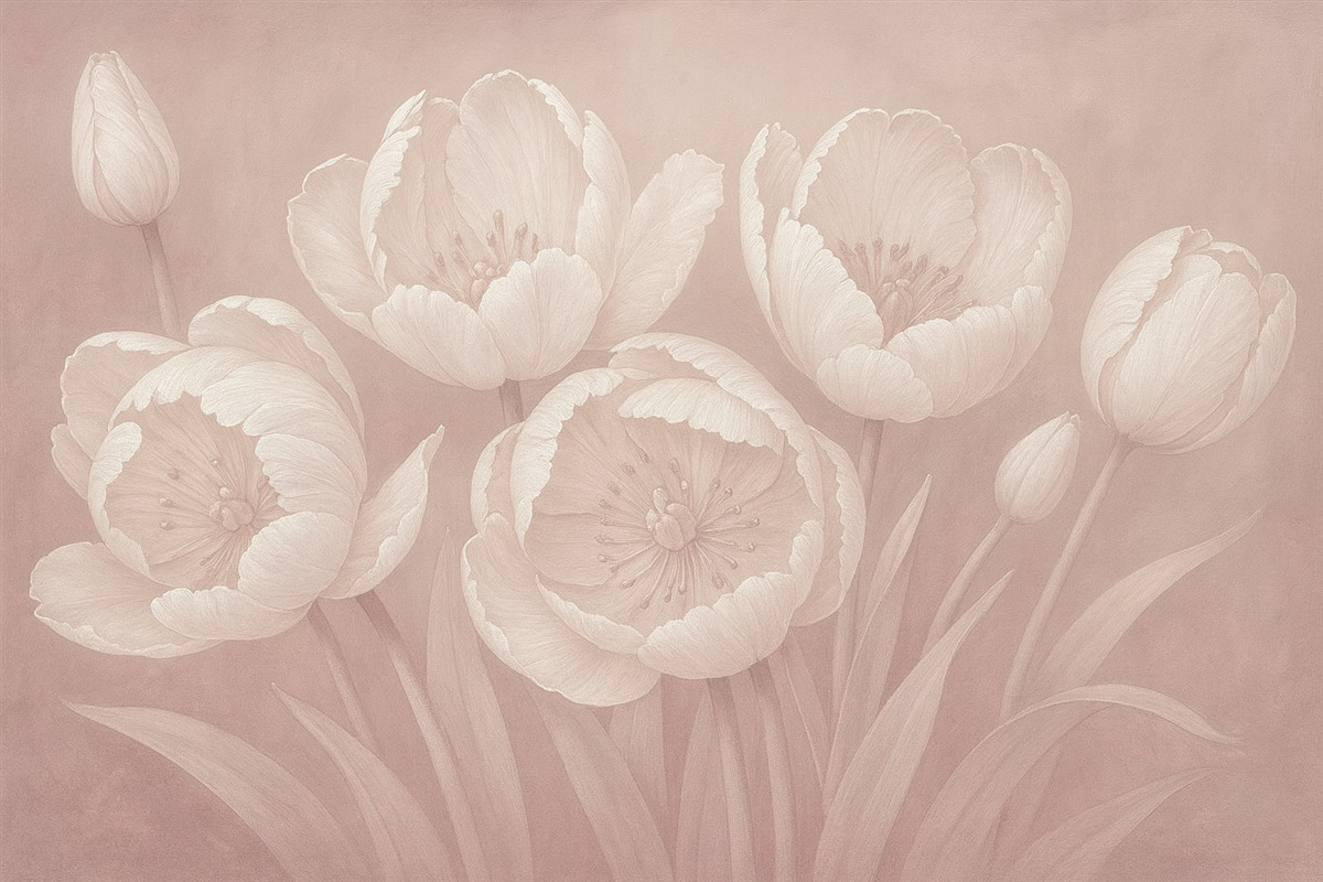 Fototapeta Ilustracja białych tulipanów z delikatnym, płóciennym teksturowanym beżowym rozmytym tłem minimalistyczny monochromatyczny wydruk.