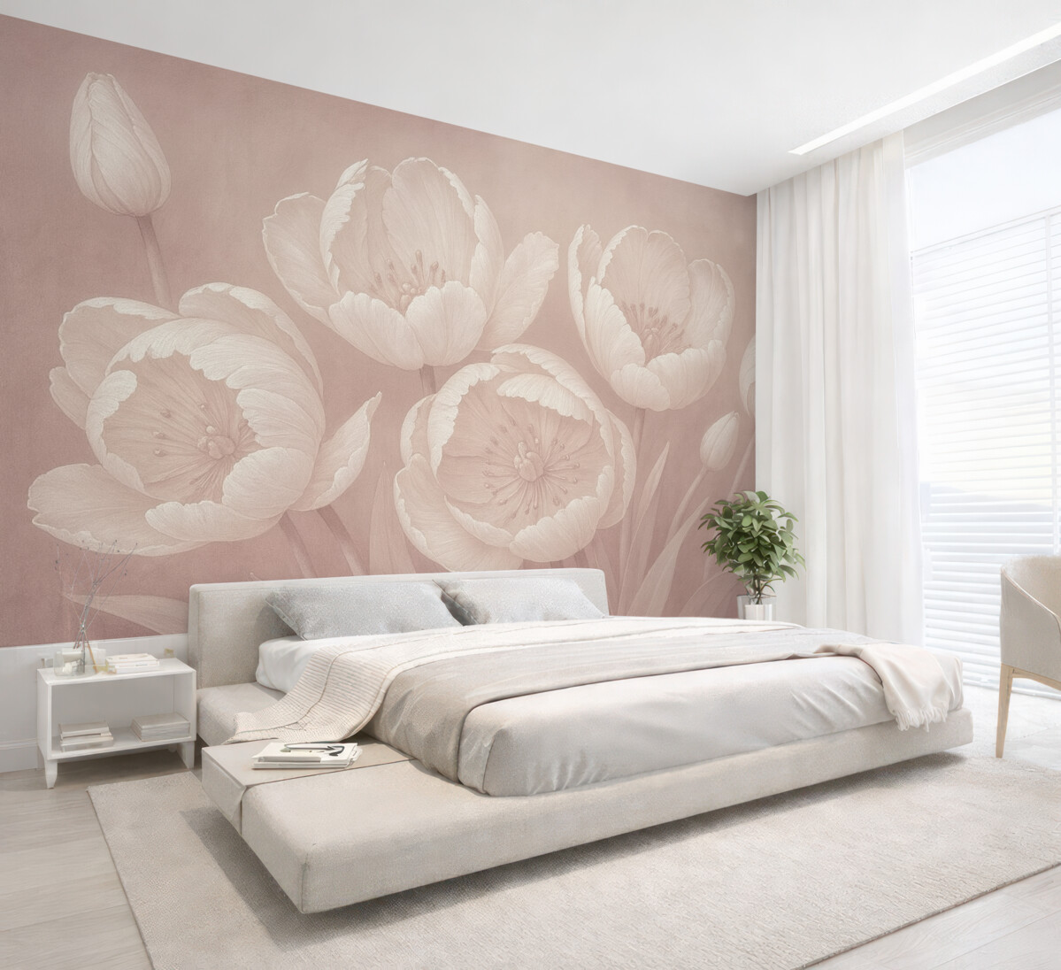 Fototapeta Ilustracja białych tulipanów z delikatnym, płóciennym teksturowanym beżowym rozmytym tłem minimalistyczny monochromatyczny wydruk.