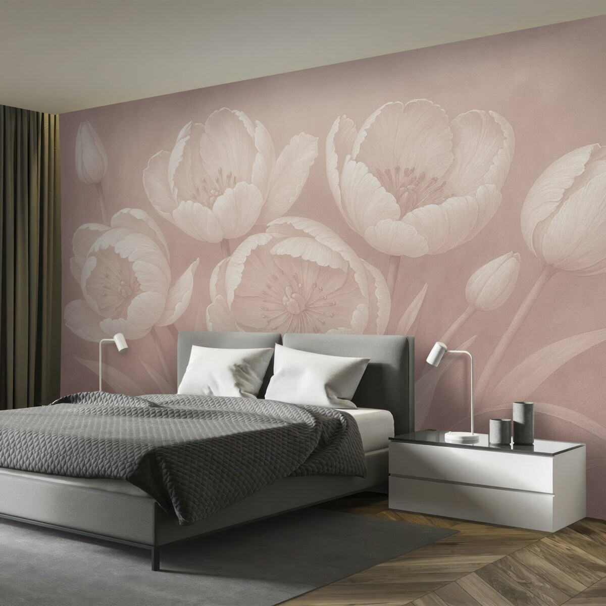 Fototapeta Ilustracja białych tulipanów z delikatnym, płóciennym teksturowanym beżowym rozmytym tłem minimalistyczny monochromatyczny wydruk.