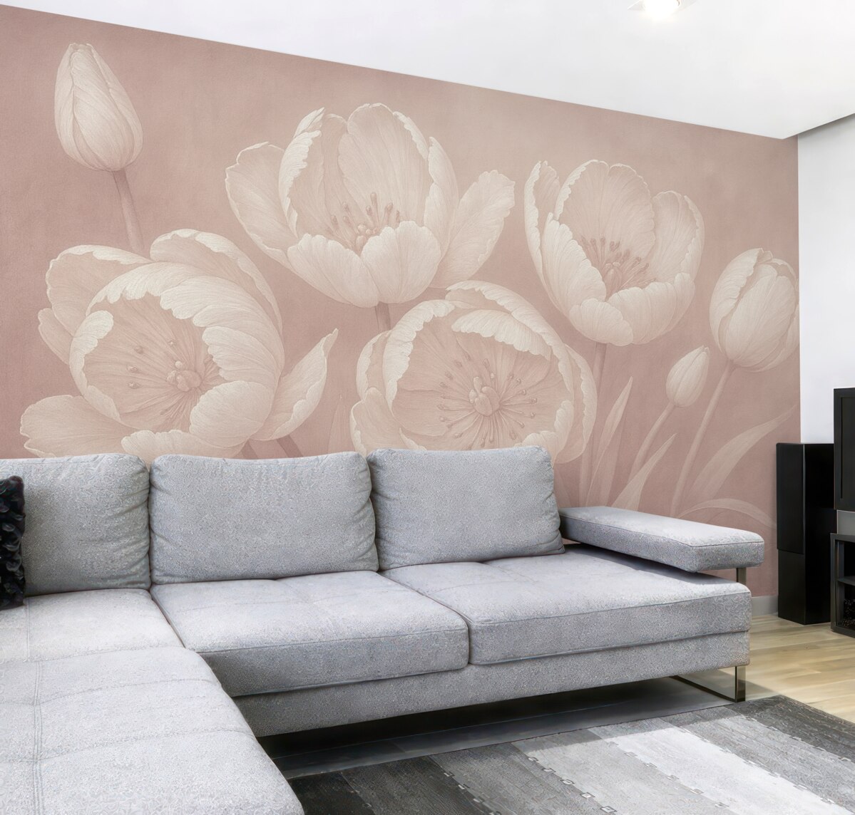 Fototapeta Ilustracja białych tulipanów z delikatnym, płóciennym teksturowanym beżowym rozmytym tłem minimalistyczny monochromatyczny wydruk.