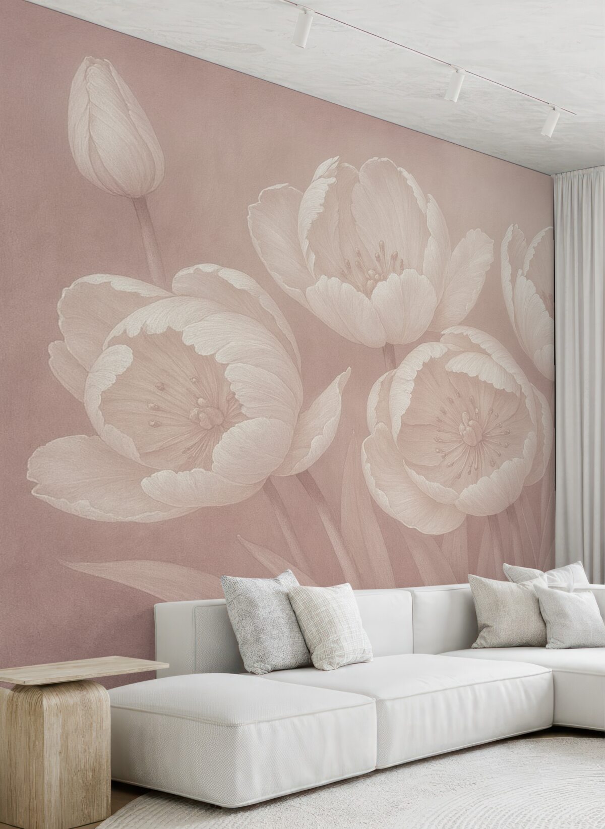 Fototapeta Ilustracja białych tulipanów z delikatnym, płóciennym teksturowanym beżowym rozmytym tłem minimalistyczny monochromatyczny wydruk.