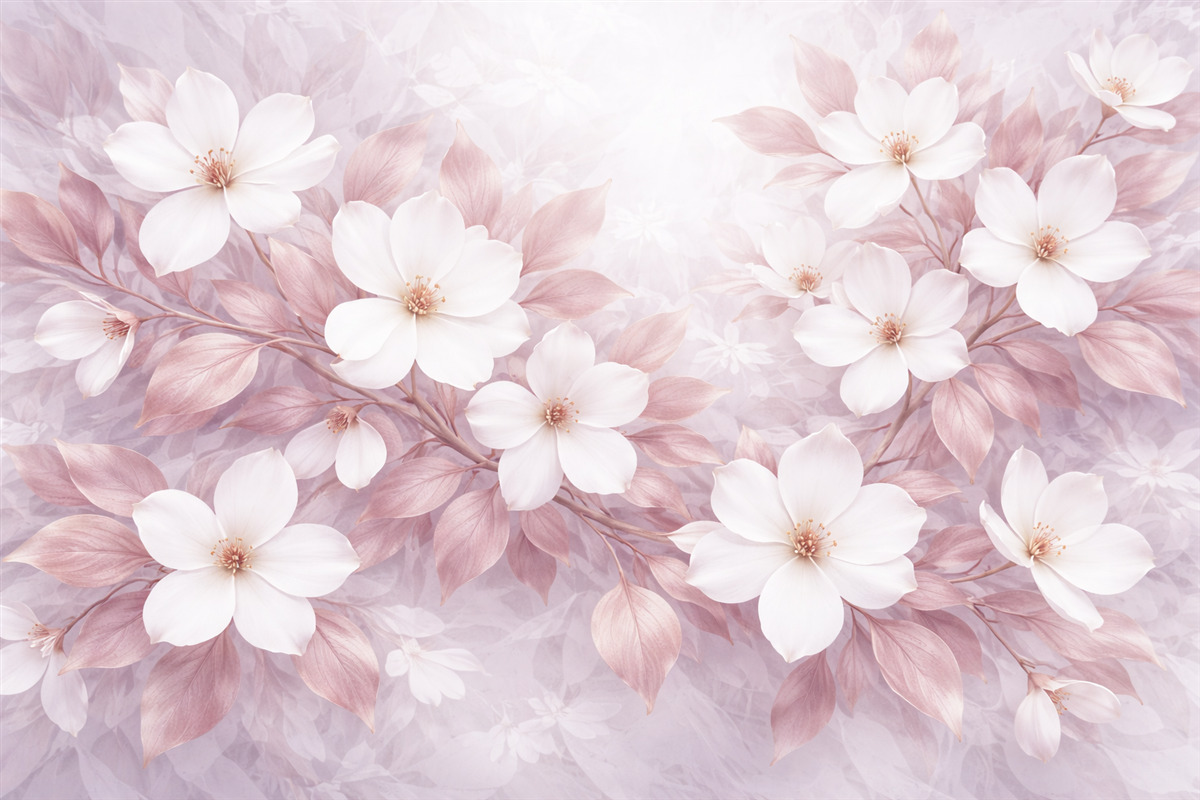 Fototapeta Subtelne różowe i białe kwiaty magnolii rozwijające się na miękkich, zamglonych gałęziach na jasnym tle.