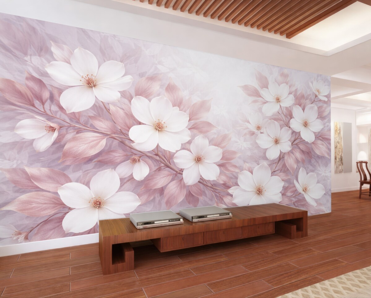 Fototapeta Subtelne różowe i białe kwiaty magnolii rozwijające się na miękkich, zamglonych gałęziach na jasnym tle.