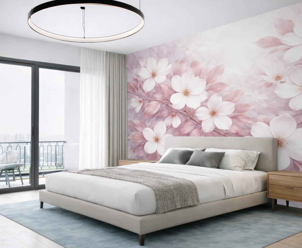 Fototapeta Subtelne różowe i białe kwiaty magnolii rozwijające się na miękkich, zamglonych gałęziach na jasnym tle.