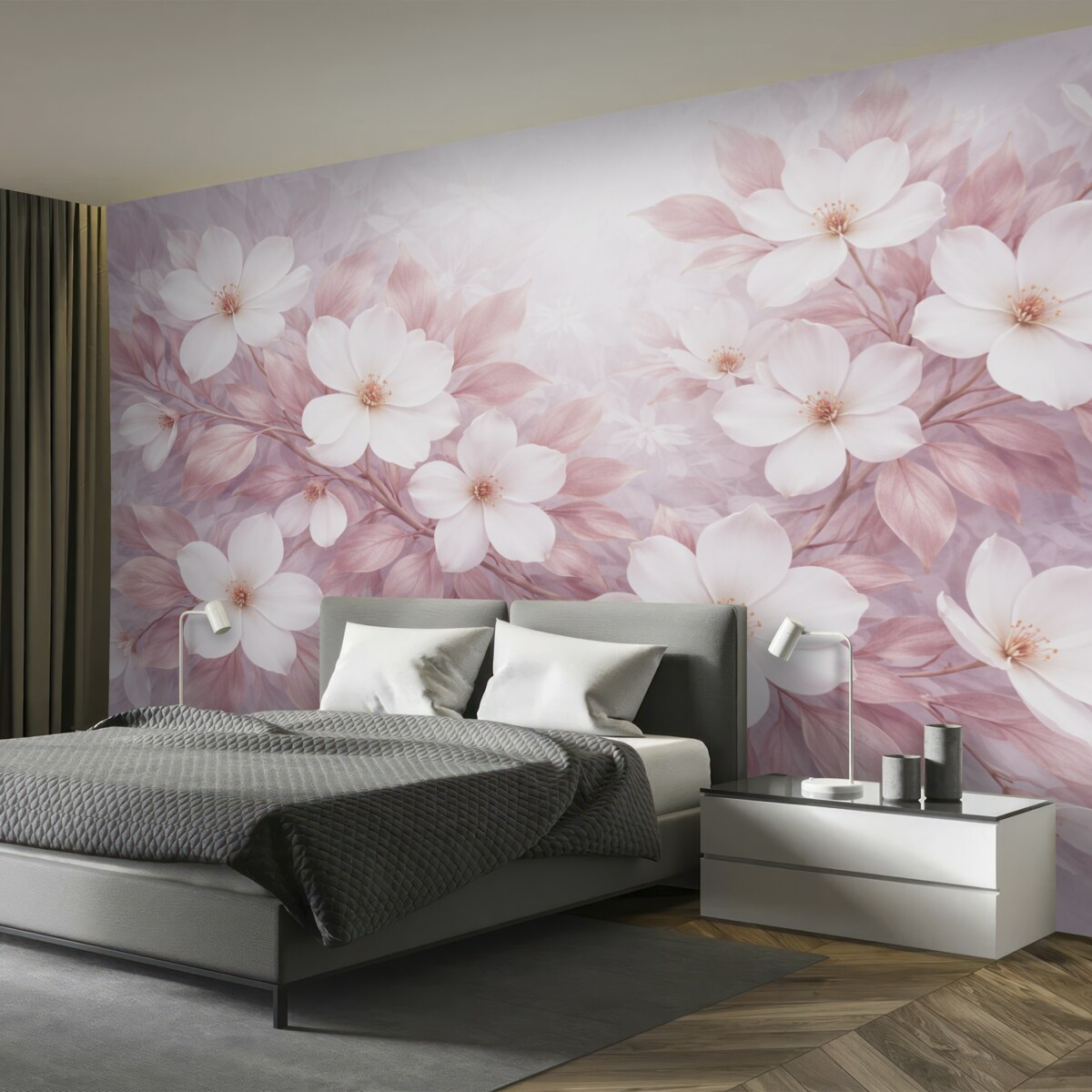 Fototapeta Subtelne różowe i białe kwiaty magnolii rozwijające się na miękkich, zamglonych gałęziach na jasnym tle.