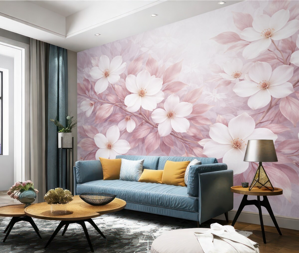 Fototapeta Subtelne różowe i białe kwiaty magnolii rozwijające się na miękkich, zamglonych gałęziach na jasnym tle.