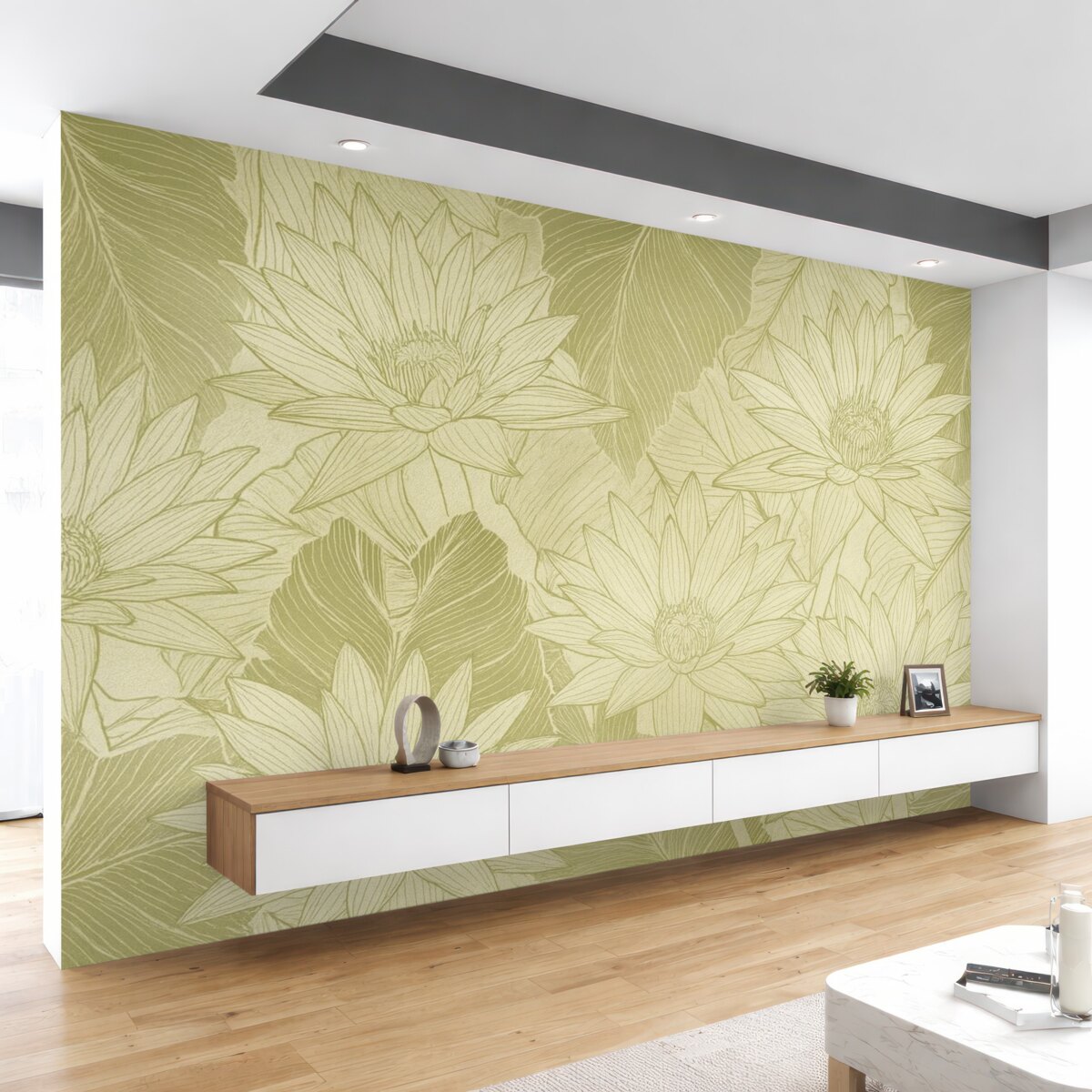 Fototapeta Żółte i białe kwiaty przypominające dmuchawce z liśćmi na jasnozielonym tle.