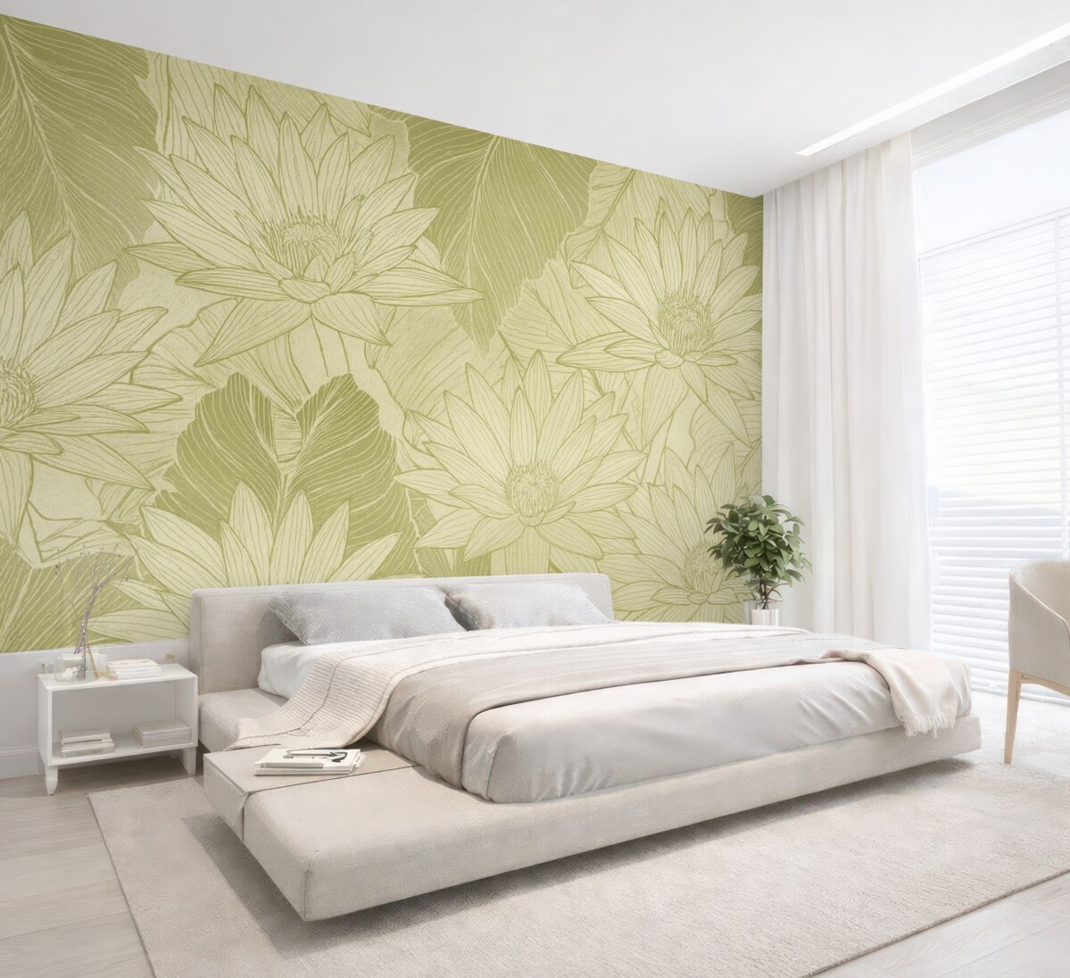 Fototapeta Żółte i białe kwiaty przypominające dmuchawce z liśćmi na jasnozielonym tle.