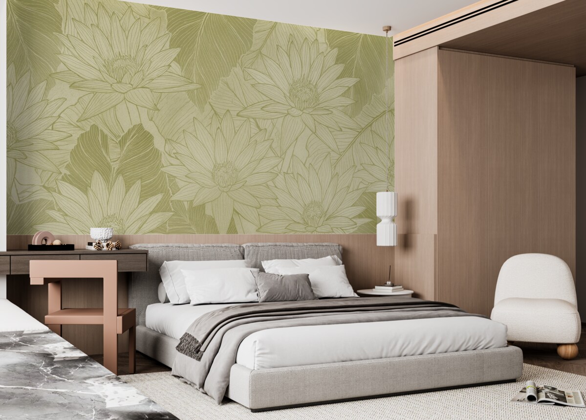 Fototapeta Żółte i białe kwiaty przypominające dmuchawce z liśćmi na jasnozielonym tle.