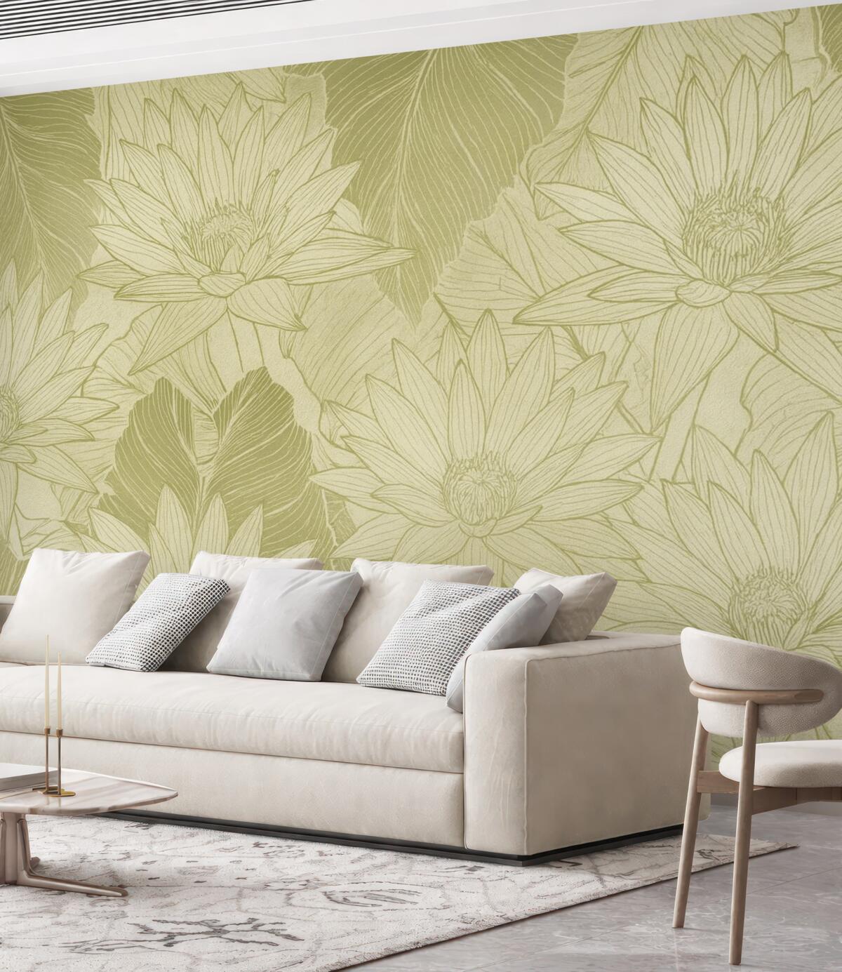 Fototapeta Żółte i białe kwiaty przypominające dmuchawce z liśćmi na jasnozielonym tle.