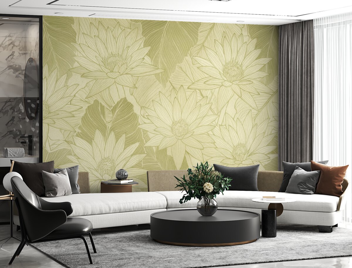 Fototapeta Żółte i białe kwiaty przypominające dmuchawce z liśćmi na jasnozielonym tle.