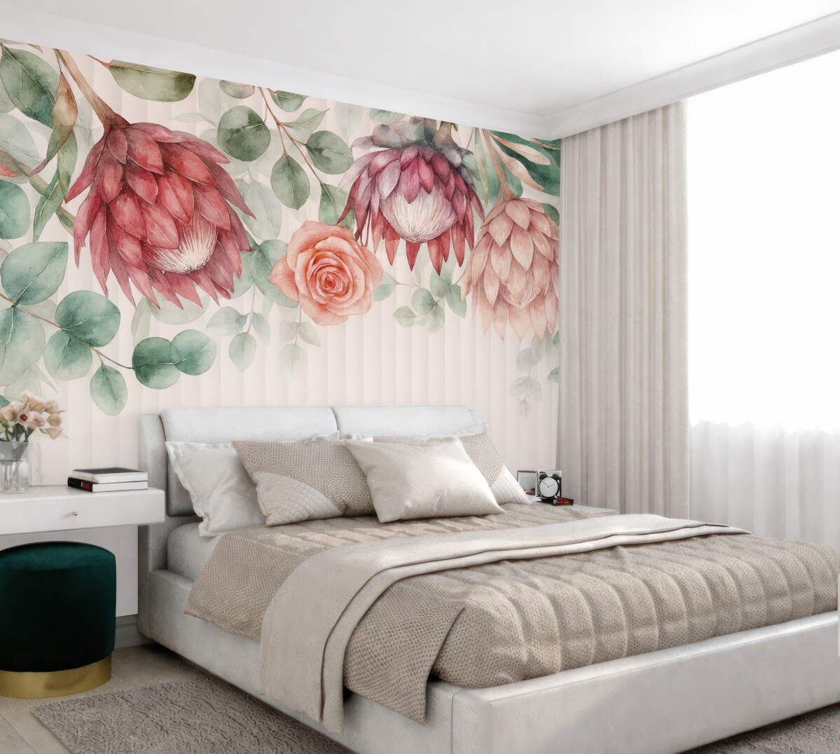 Fototapeta Kwiatowy zestaw z różowych protei oraz tropikalnych roślin z różami na białym tle, akwarela.