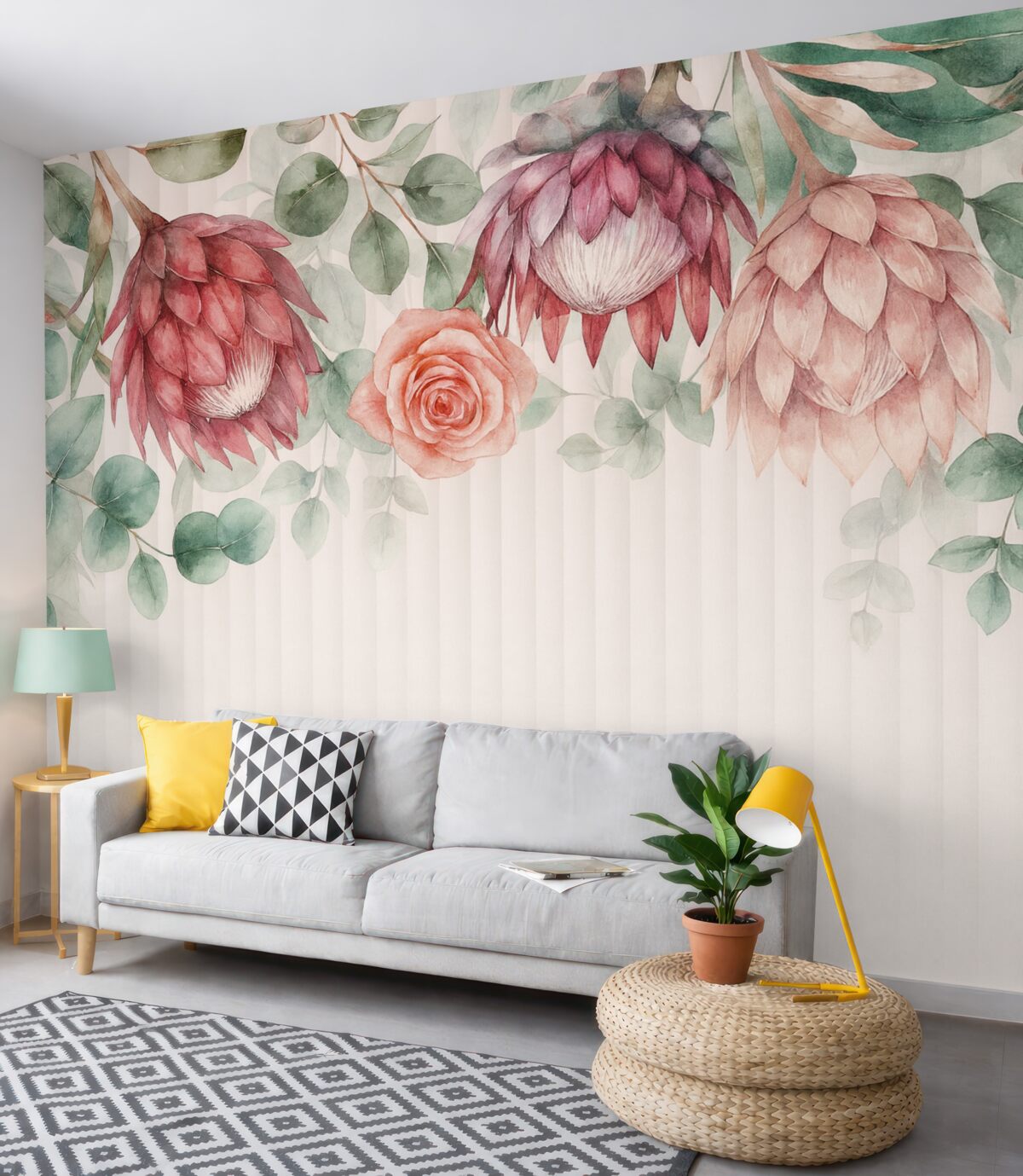 Fototapeta Kwiatowy zestaw z różowych protei oraz tropikalnych roślin z różami na białym tle, akwarela.