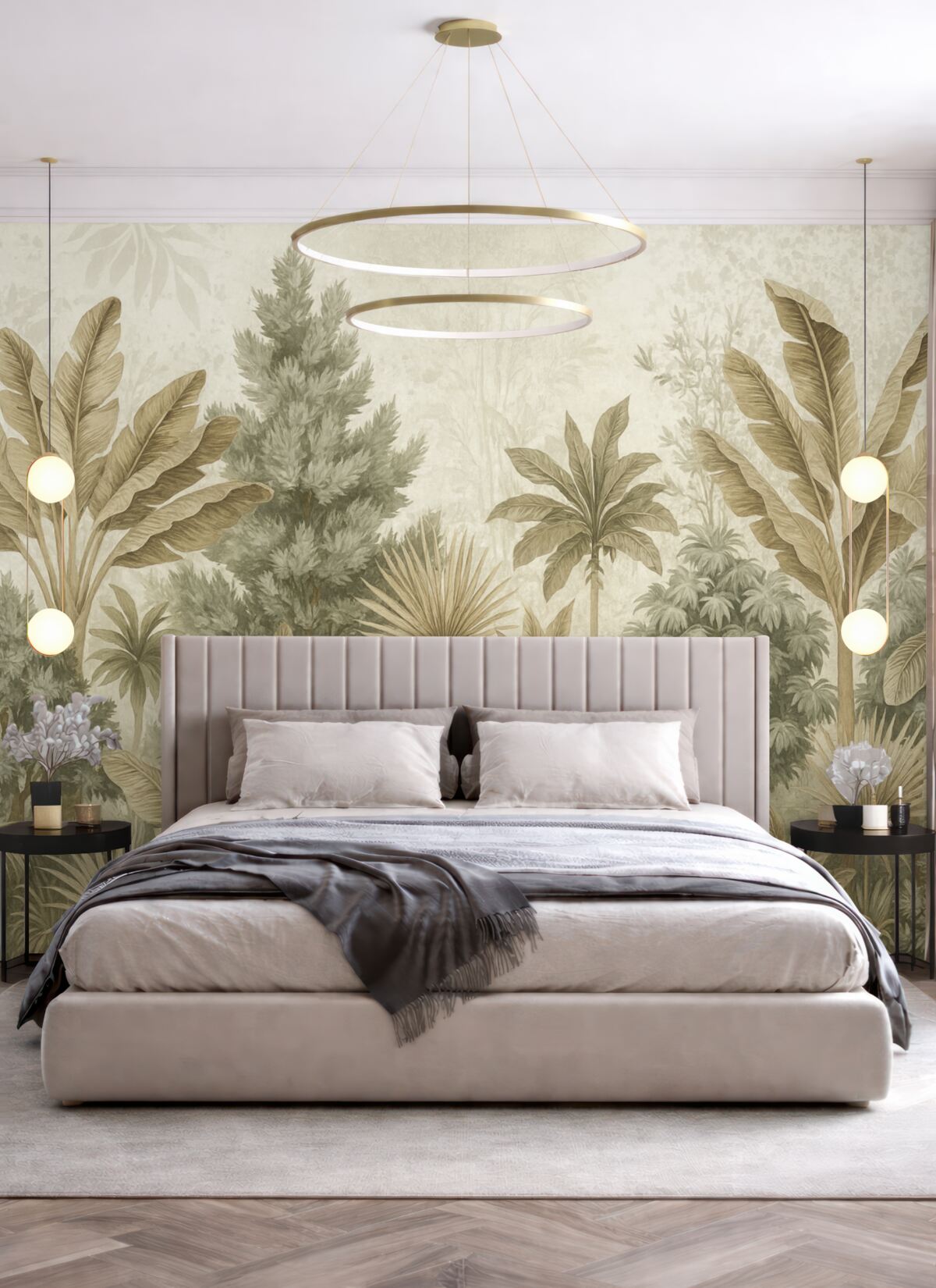 Fototapeta Lśniący, tropikalny wzór z zielonymi i brązowymi liśćmi, palmami oraz innymi obcymi roślinami.