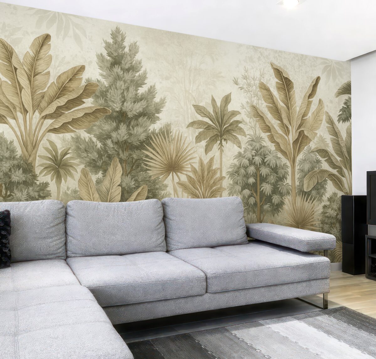 Fototapeta Lśniący, tropikalny wzór z zielonymi i brązowymi liśćmi, palmami oraz innymi obcymi roślinami.