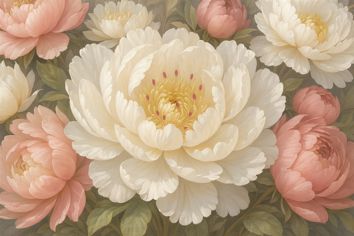 Fototapeta Miękkie, subtelne białe i różowe piwonie o obfitych, pełnych kwiatach na stonowanym tle.