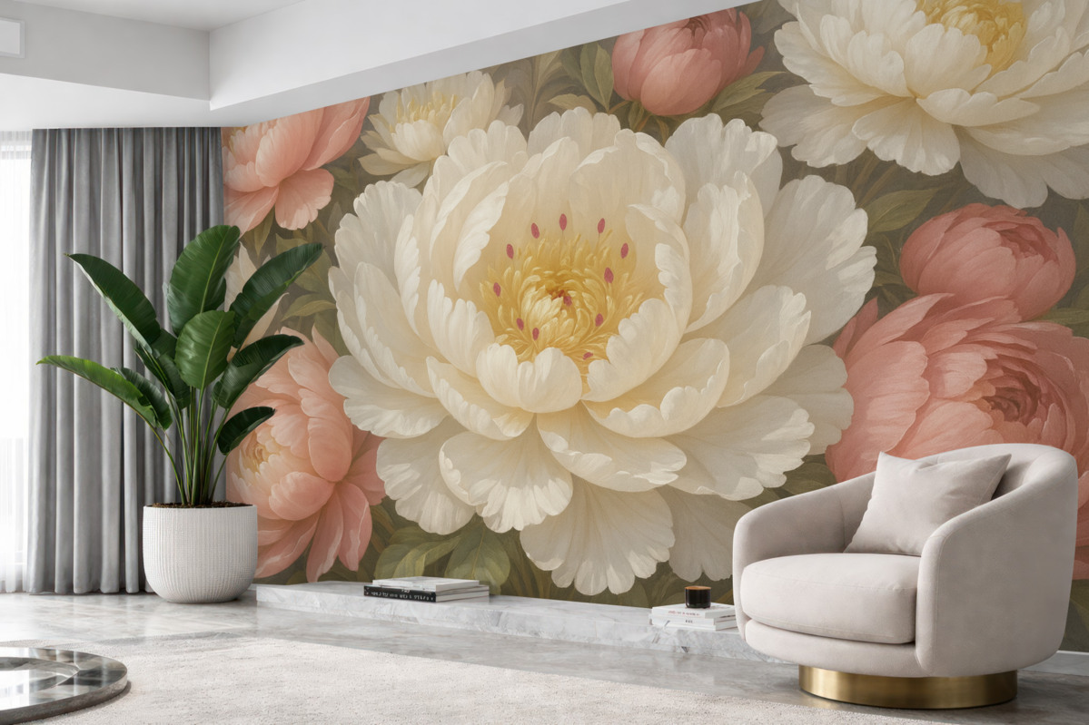 Fototapeta Miękkie, subtelne białe i różowe piwonie o obfitych, pełnych kwiatach na stonowanym tle.