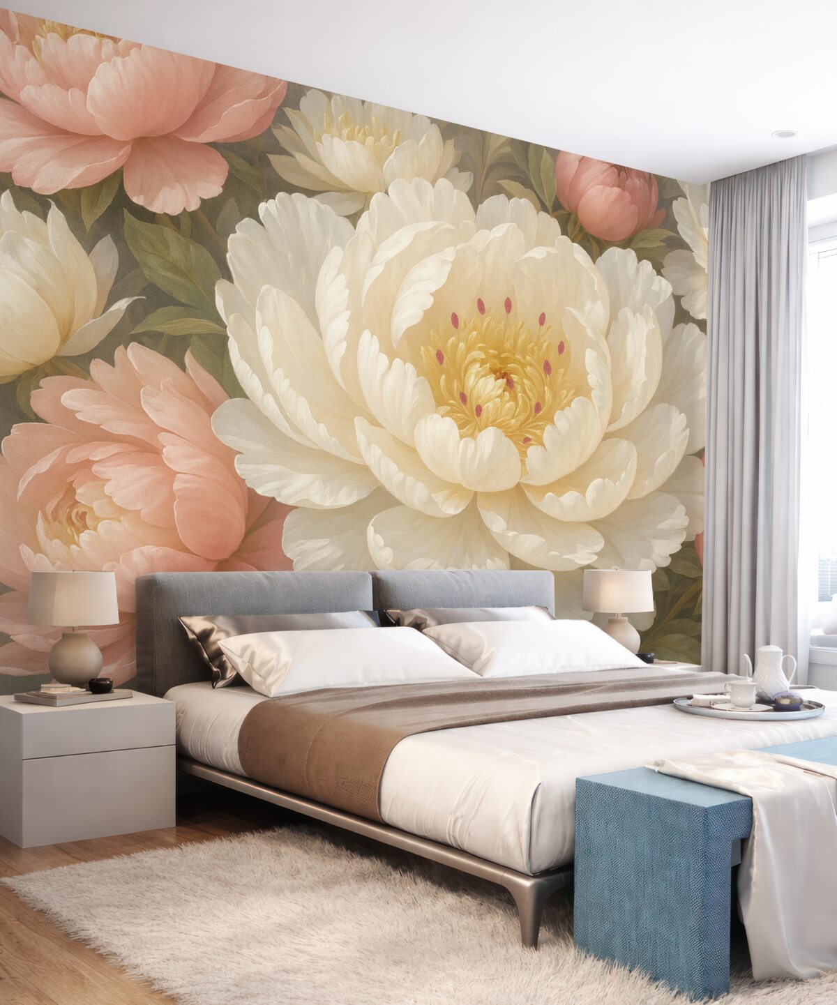 Fototapeta Miękkie, subtelne białe i różowe piwonie o obfitych, pełnych kwiatach na stonowanym tle.