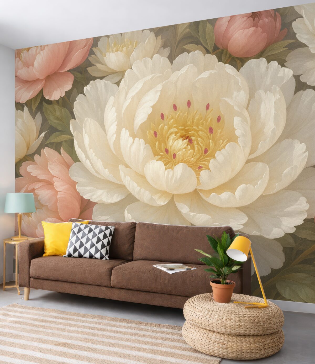 Fototapeta Miękkie, subtelne białe i różowe piwonie o obfitych, pełnych kwiatach na stonowanym tle.