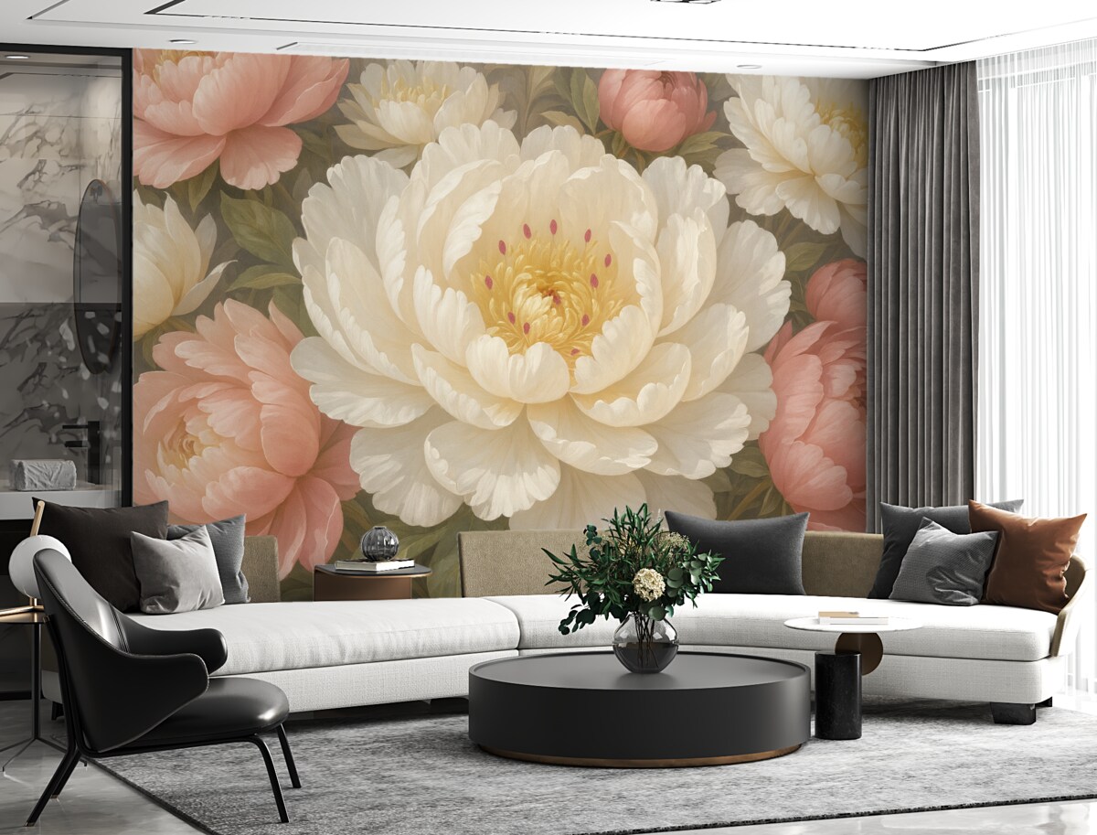 Fototapeta Miękkie, subtelne białe i różowe piwonie o obfitych, pełnych kwiatach na stonowanym tle.