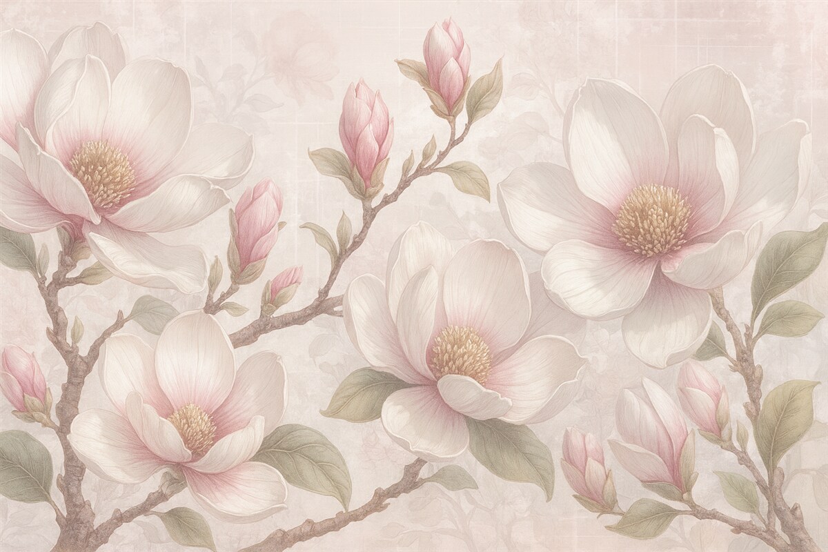 Fototapeta Subtelne różowe kwiaty magnolii w pełni rozkwitu na delikatnym, rozmytym tle.