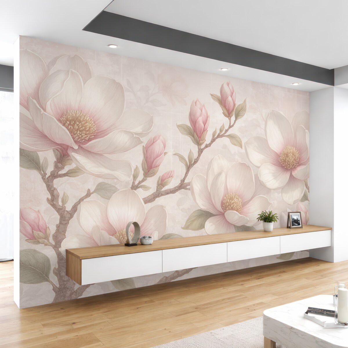 Fototapeta Subtelne różowe kwiaty magnolii w pełni rozkwitu na delikatnym, rozmytym tle.