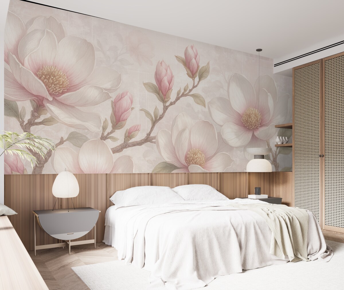 Fototapeta Subtelne różowe kwiaty magnolii w pełni rozkwitu na delikatnym, rozmytym tle.