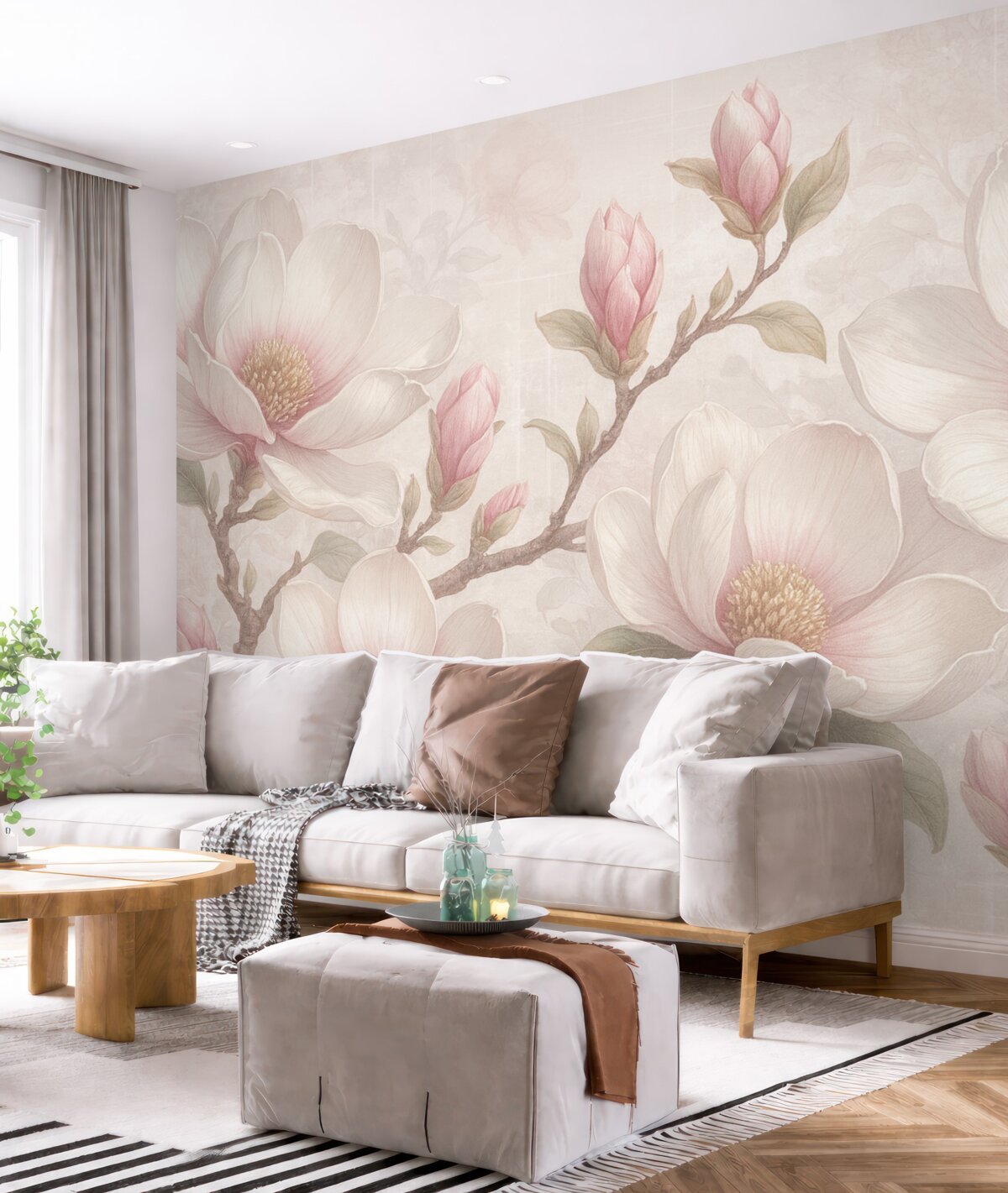 Fototapeta Subtelne różowe kwiaty magnolii w pełni rozkwitu na delikatnym, rozmytym tle.