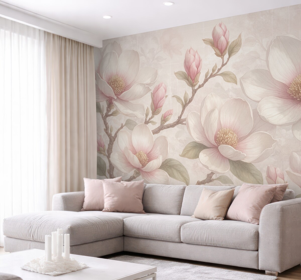 Fototapeta Subtelne różowe kwiaty magnolii w pełni rozkwitu na delikatnym, rozmytym tle.