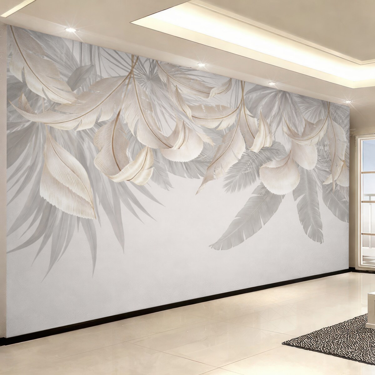 Fototapeta Subtelne białe i szare kwiatowe liście tropikalne stanowią łagodne, eteryczne tło.