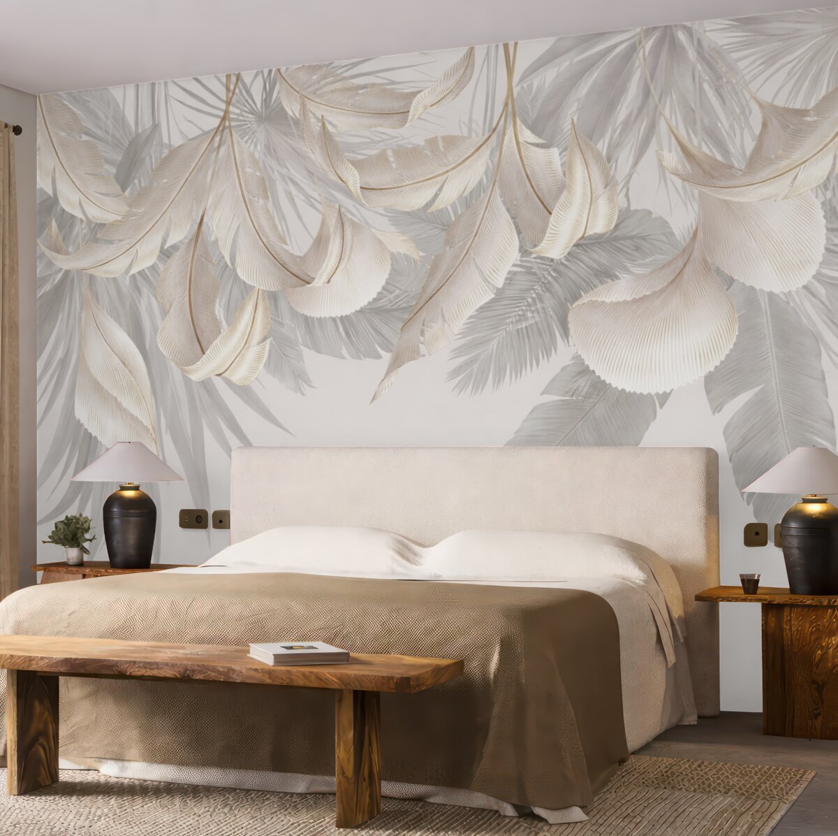 Fototapeta Subtelne białe i szare kwiatowe liście tropikalne stanowią łagodne, eteryczne tło.