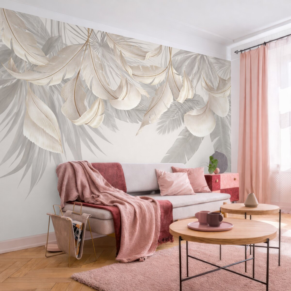 Fototapeta Subtelne białe i szare kwiatowe liście tropikalne stanowią łagodne, eteryczne tło.