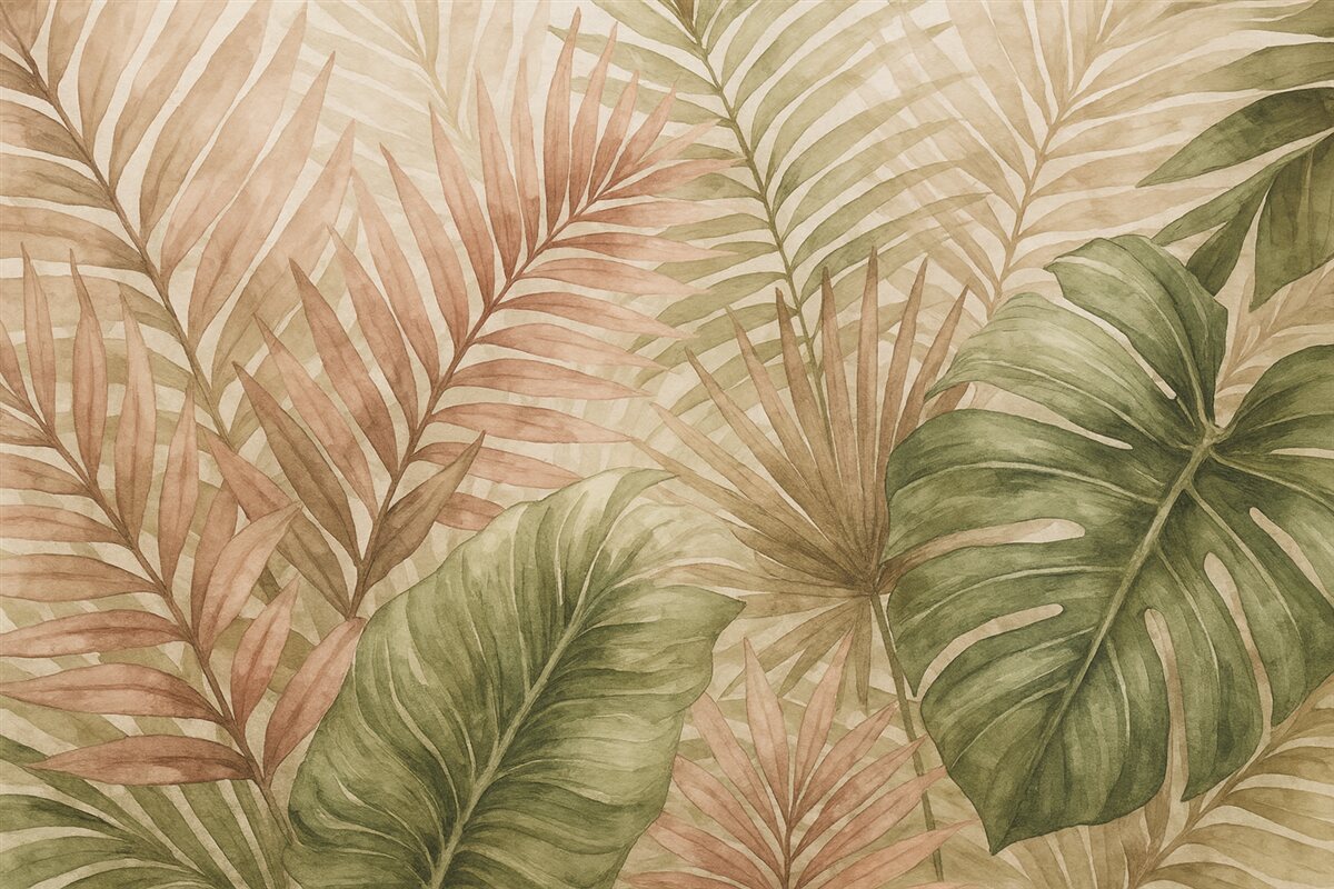 Fototapeta Liście palmy w akwarelowych tonacjach zieleni i różu na jasnym tle.