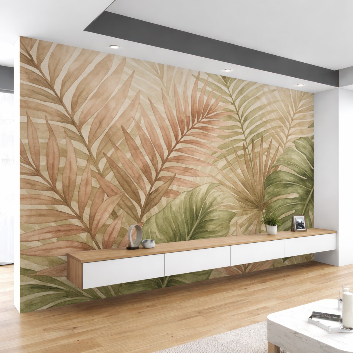 Fototapeta Liście palmy w akwarelowych tonacjach zieleni i różu na jasnym tle.