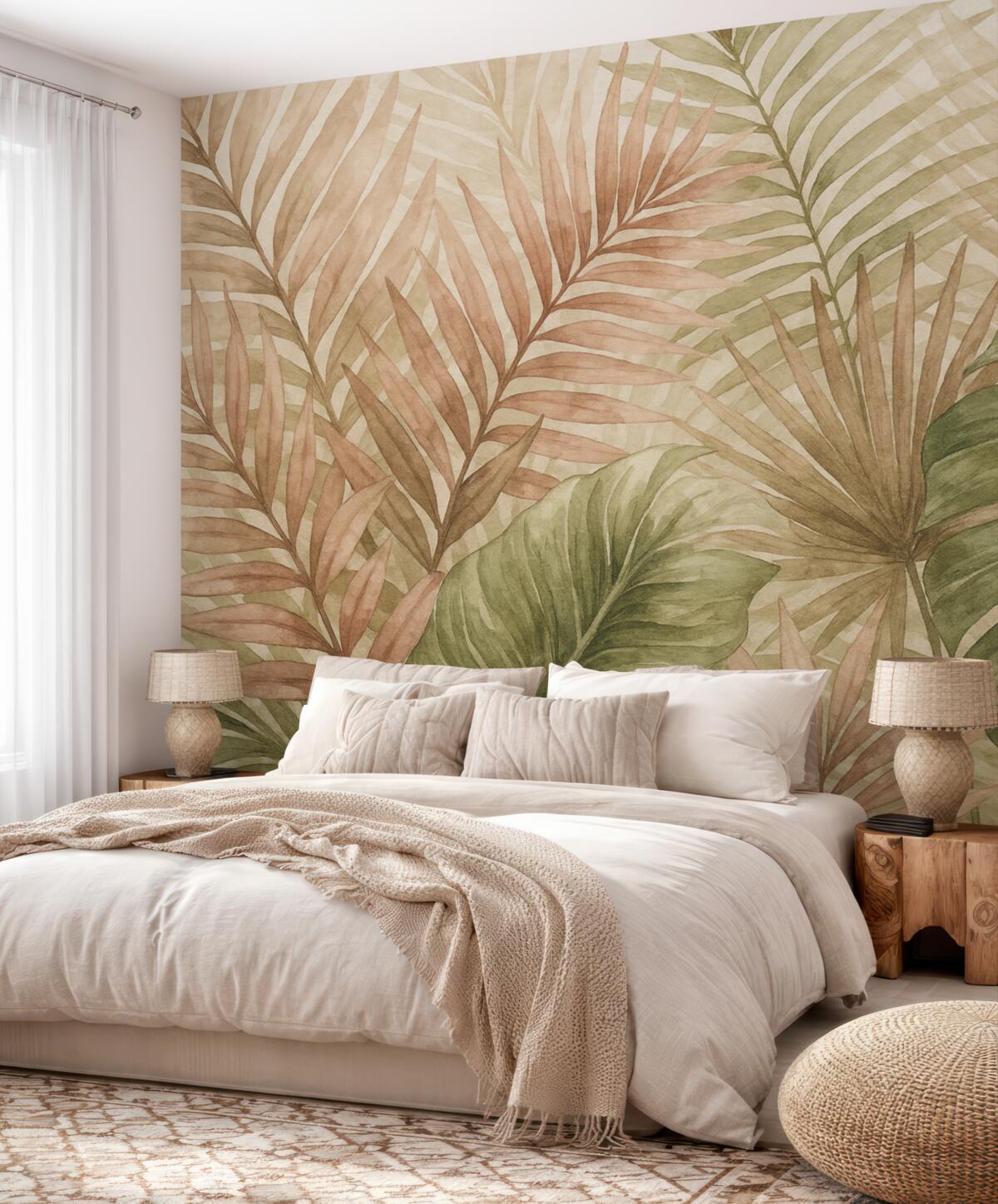 Fototapeta Liście palmy w akwarelowych tonacjach zieleni i różu na jasnym tle.