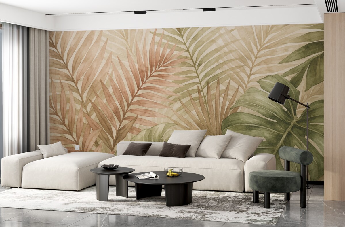 Fototapeta Liście palmy w akwarelowych tonacjach zieleni i różu na jasnym tle.