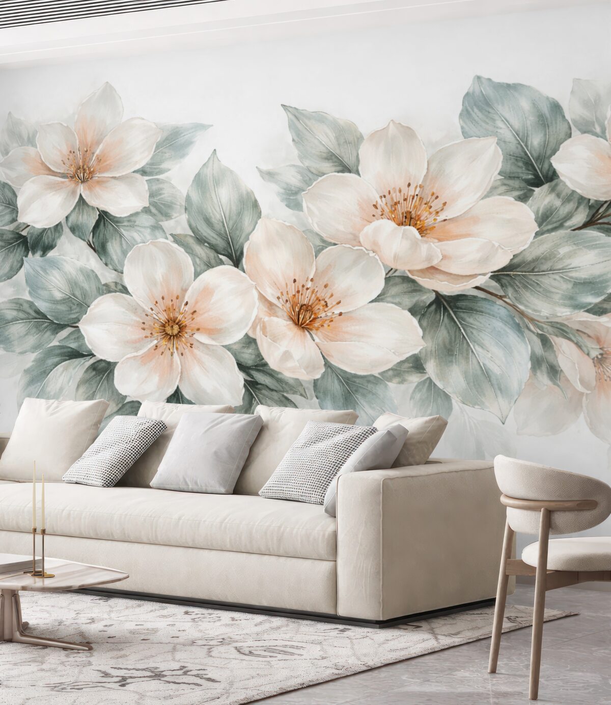 Fototapeta Subtelne białe i różowe kwiaty magnolii z gładkimi zielonymi liśćmi na jasnym tle.