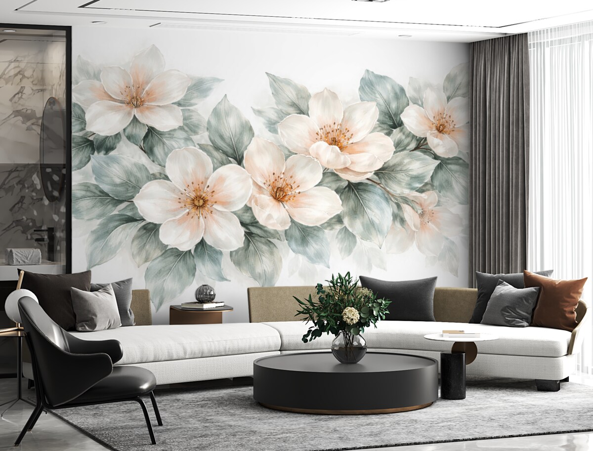 Fototapeta Subtelne białe i różowe kwiaty magnolii z gładkimi zielonymi liśćmi na jasnym tle.