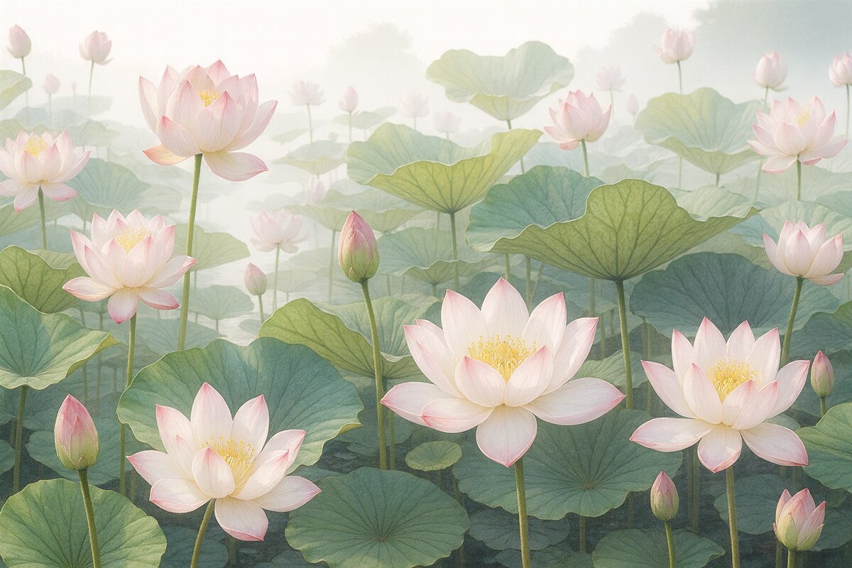 Fototapeta Różowe i białe kwiaty lotosu z dużymi zielonymi liśćmi, otoczone mglistym, klimatycznym tłem.