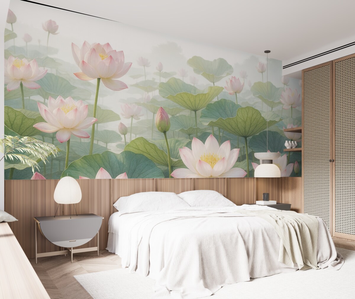 Fototapeta Różowe i białe kwiaty lotosu z dużymi zielonymi liśćmi, otoczone mglistym, klimatycznym tłem.