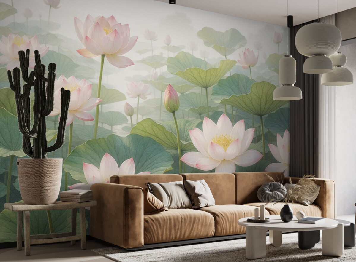 Fototapeta Różowe i białe kwiaty lotosu z dużymi zielonymi liśćmi, otoczone mglistym, klimatycznym tłem.