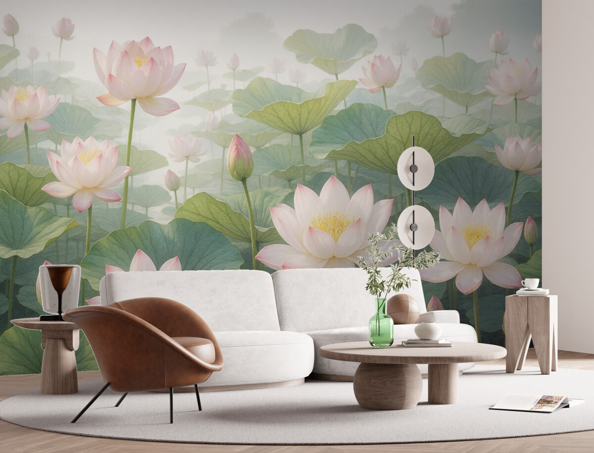 Fototapeta Różowe i białe kwiaty lotosu z dużymi zielonymi liśćmi, otoczone mglistym, klimatycznym tłem.