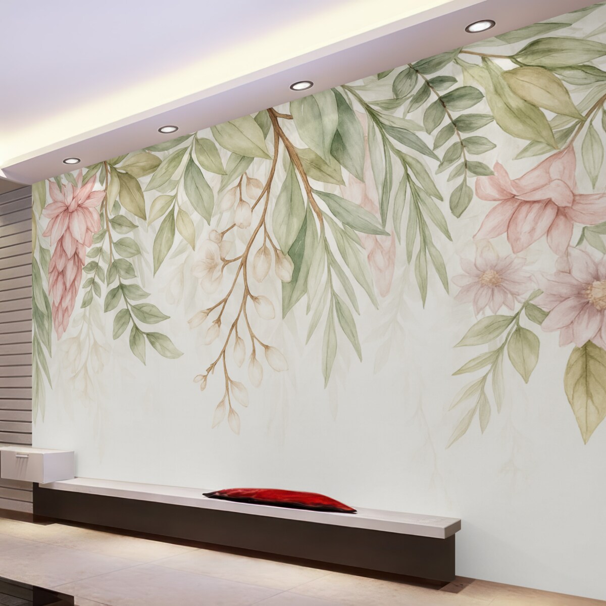 Fototapeta Subtelne różowe i białe kwiaty z zielonymi liśćmi oraz łodygami na jasnym tle.