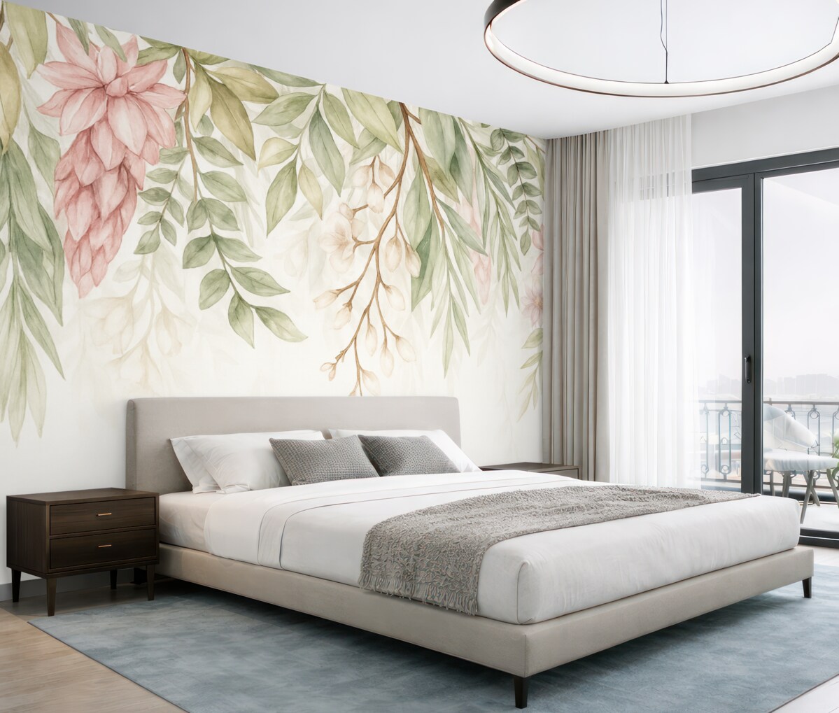 Fototapeta Subtelne różowe i białe kwiaty z zielonymi liśćmi oraz łodygami na jasnym tle.