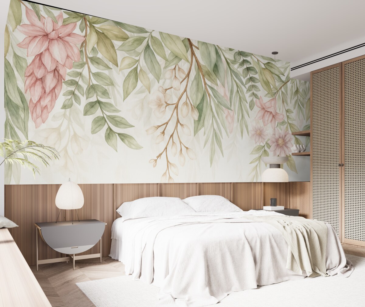 Fototapeta Subtelne różowe i białe kwiaty z zielonymi liśćmi oraz łodygami na jasnym tle.