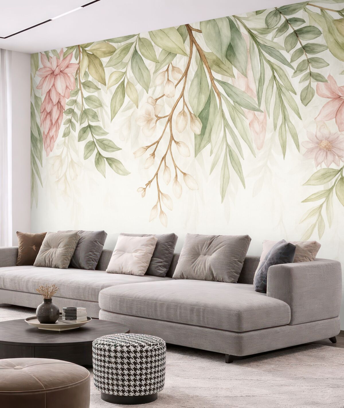 Fototapeta Subtelne różowe i białe kwiaty z zielonymi liśćmi oraz łodygami na jasnym tle.